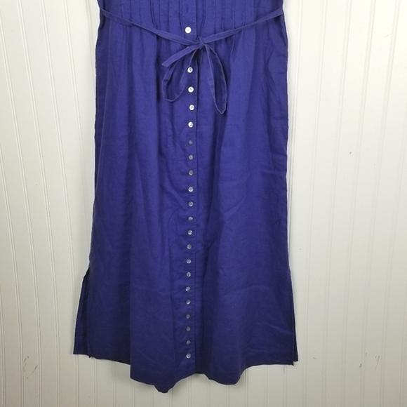 Liz Claiborne Petite Linen Sleeveless Shirt Dress Button Pin Tuck Tie Waist Blue - Picture 5 of 11